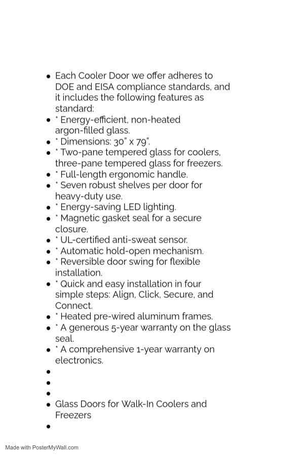 Freezer Display Glass Door 30" x 79" with Shelves.